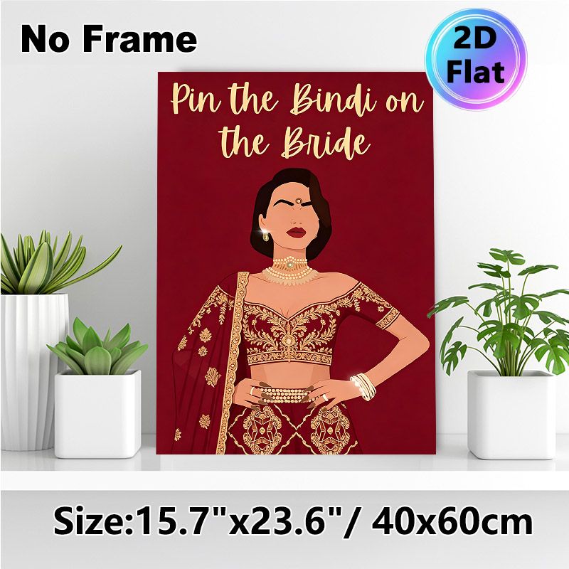 Pin The Bindi On The Bride Painting Poster, Vibrant Traditional Indian Bridal Illustration Poster, Interactive Party Game Decor Ideal For Bachelorette_maomaolike.com
