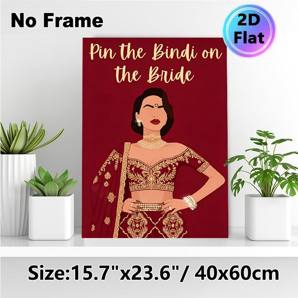 Pin The Bindi On The Bride Painting Poster, Vibrant Traditional Indian Bridal Illustration Poster, Interactive Party Game Decor Ideal For Bachelorette_maomaolike.com