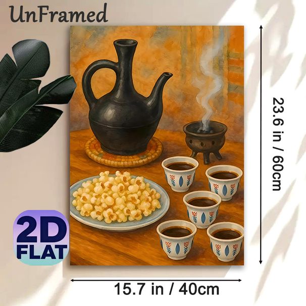 Tea & Snack Still Life Painting Poster, Warm-toned Realistic Still Life Poster, Cozy Tranquil Scene With Teapot, Incense, Decorated Tea Cups And Snack_maomaolike.com