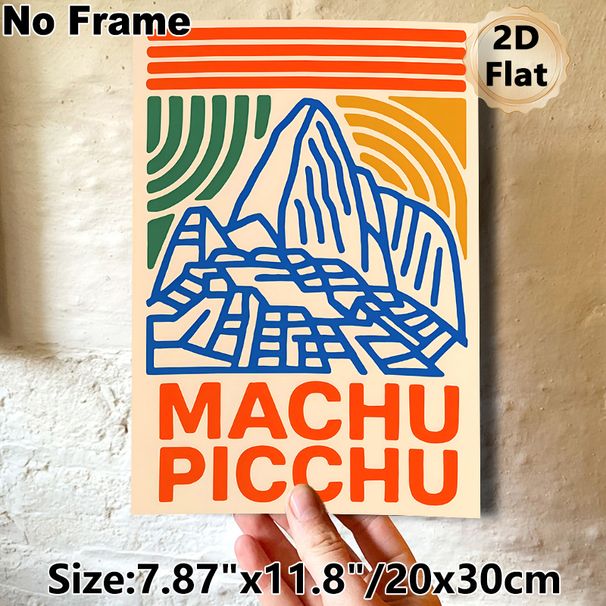 Machu Picchu Themed Painting Poster, Bold Line Art & Retro Color Poster, Stylish Landmark Decor Ideal For Living Room, Study And Travel-themed Spaces_maomaolike.com