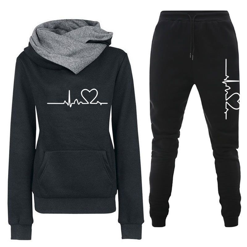 Women's Clothing Women's sweater suit, hoodie, two piece set, electrocardiogram, love map, trendy new style, women's trousers, long sleeves_maomaolike.com