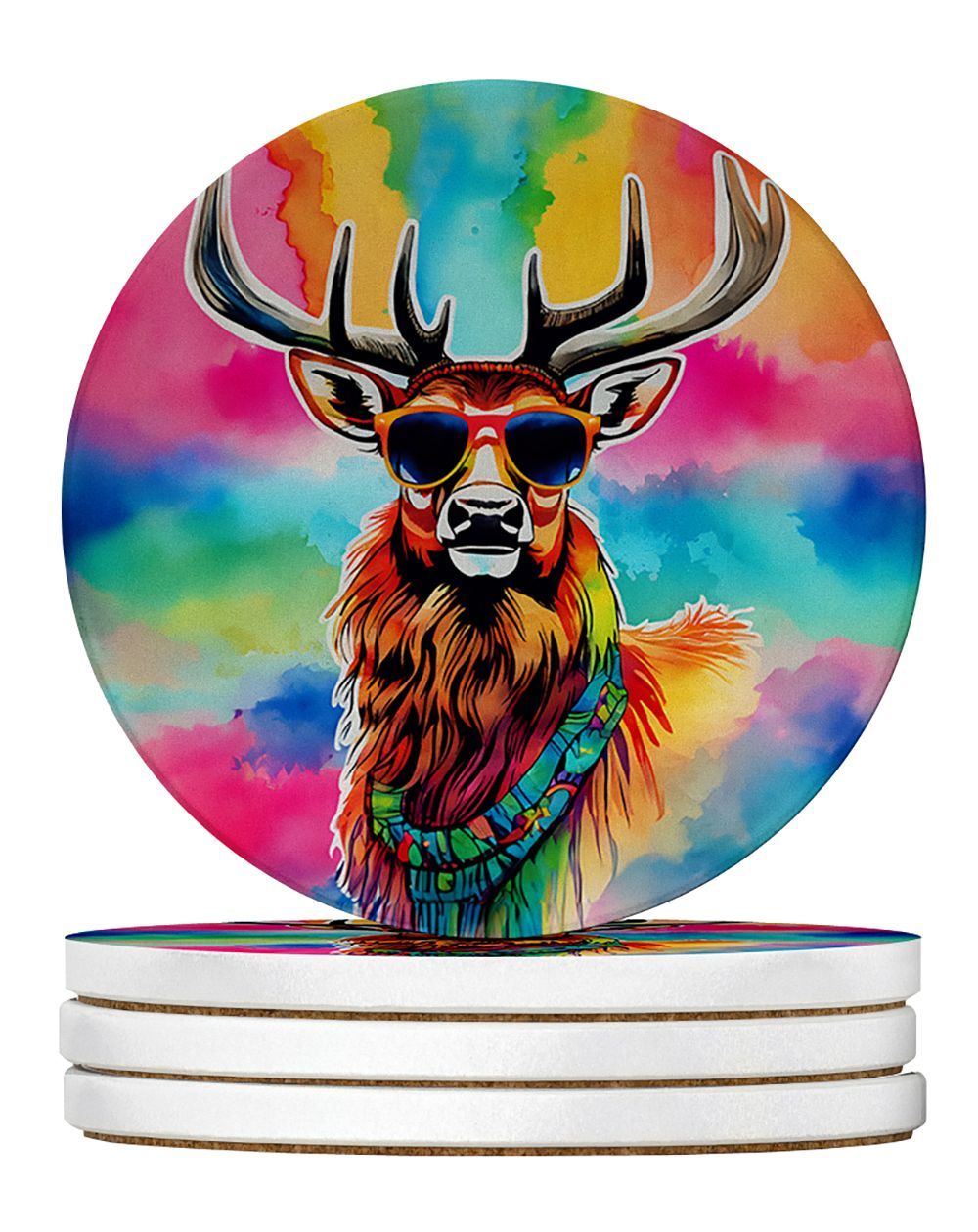 Hippie Animal Stag Deer Large Sandstone Coasters Pack Of 4 Absorbent Round Coasters Decor Gifts For Men Or Women, 4 In, Multicolor_maomaolike.com