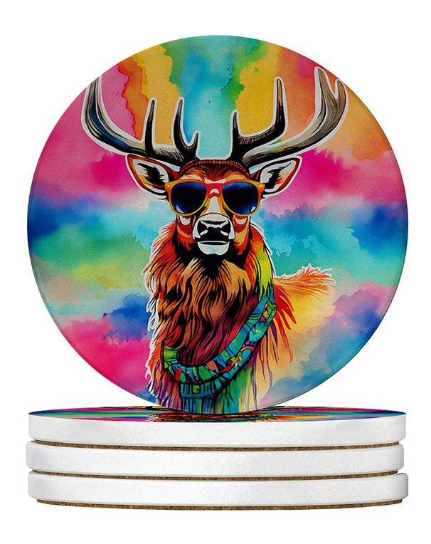 Hippie Animal Stag Deer Large Sandstone Coasters Pack Of 4 Absorbent Round Coasters Decor Gifts For Men Or Women, 4 In, Multicolor_maomaolike.com