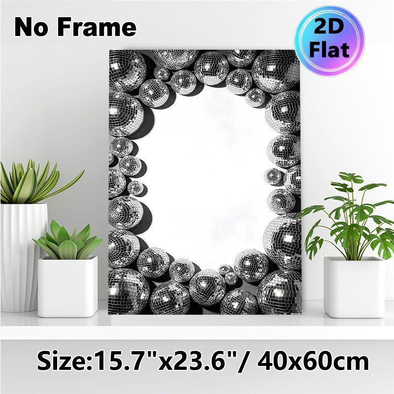 Disco Ball Painting Poster, Monochrome Glossy Mirrored Disco Balls Framed Poster, Brings Retro Party Vibe, Suitable For Living Room, Home Bar And_maomaolike.com