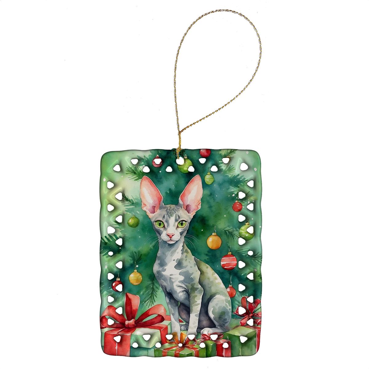 Cornish Rex Cat By The Christmas Tree Porcelain Ornament Christmas Tree Hanging Decorations For Home Christmas Holiday, Rectangle, Gift, Multicolor_maomaolike.com