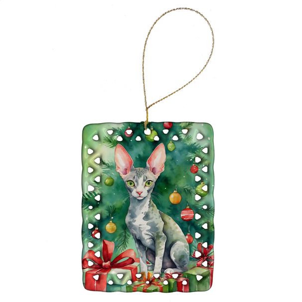 Cornish Rex Cat By The Christmas Tree Porcelain Ornament Christmas Tree Hanging Decorations For Home Christmas Holiday, Rectangle, Gift, Multicolor_maomaolike.com