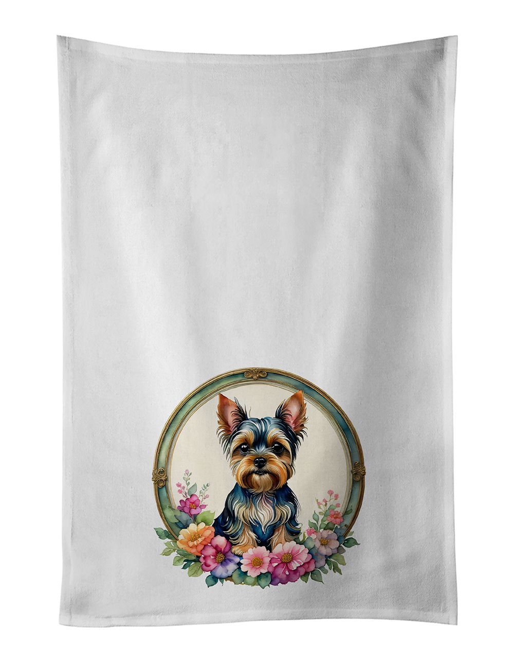Yorkshire Terrier And Flowers Kitchen Towel Set Of 2 White Dish Towels Decorative Bathroom Hand Towel For Hand, Face, Hair, Yoga, Tea, Dishcloth, 19 X 28", White_maomaolike.com