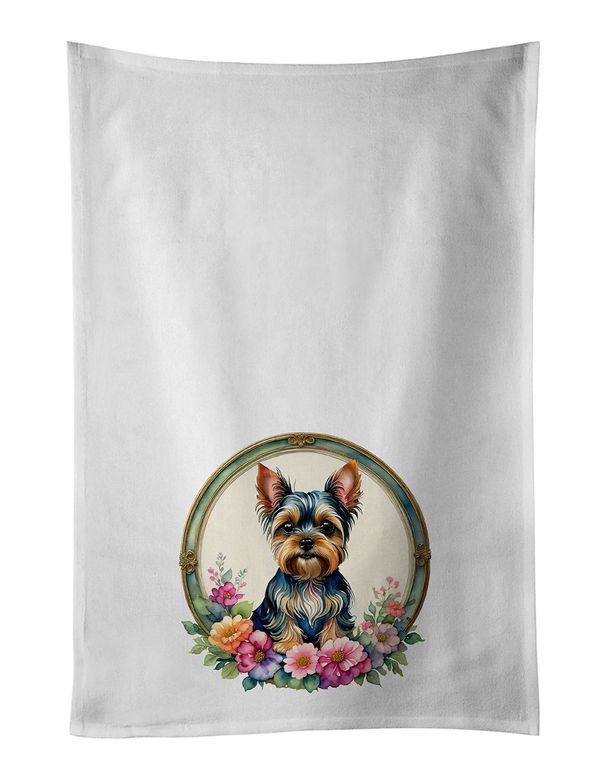 Yorkshire Terrier And Flowers Kitchen Towel Set Of 2 White Dish Towels Decorative Bathroom Hand Towel For Hand, Face, Hair, Yoga, Tea, Dishcloth, 19 X 28", White_maomaolike.com
