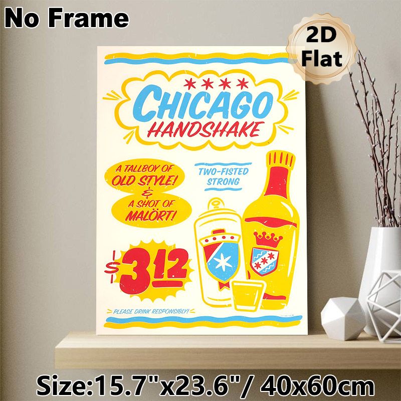 Chicago Handshake Painting Poster, Vibrant Retro Graphic Poster, Eye-catching Drink Combo Print, Suitable For Bars, Diners And Casual Home_maomaolike.com
