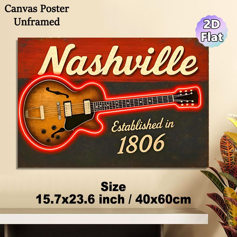 Nashville Guitar Painting Poster, Vintage Retro Style Poster With Neon-outlined Electric Guitar & Classic Lettering, Nostalgic Music-themed Decor For_maomaolike.com
