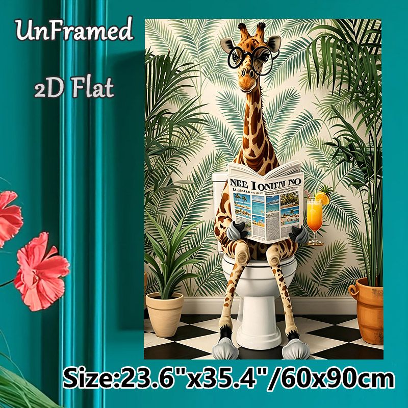 Giraffe Bathroom Themed Painting Poster, Playful Tropical-style Poster Featuring A Bespectacled Giraffe Reading Newspaper On Toilet, Lighthearted_maomaolike.com