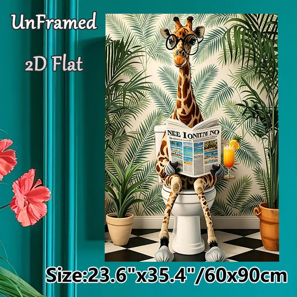 Giraffe Bathroom Themed Painting Poster, Playful Tropical-style Poster Featuring A Bespectacled Giraffe Reading Newspaper On Toilet, Lighthearted_maomaolike.com