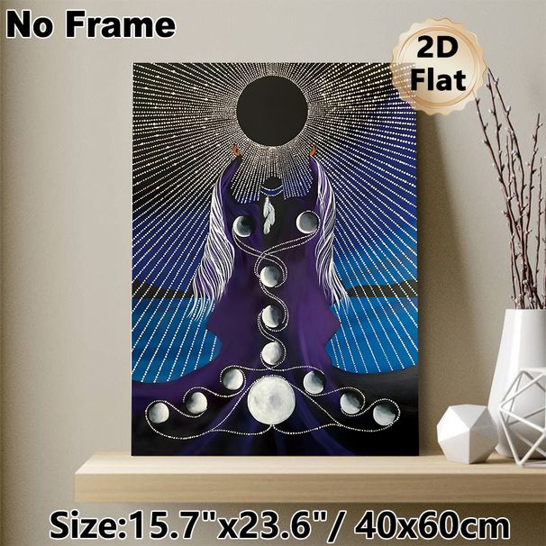 Moon Phase Goddess Painting Poster, Mystical Spiritual Style Poster, Dark Robed Figure With Moon Phase Cycle & Dotted Radiant Details_maomaolike.com