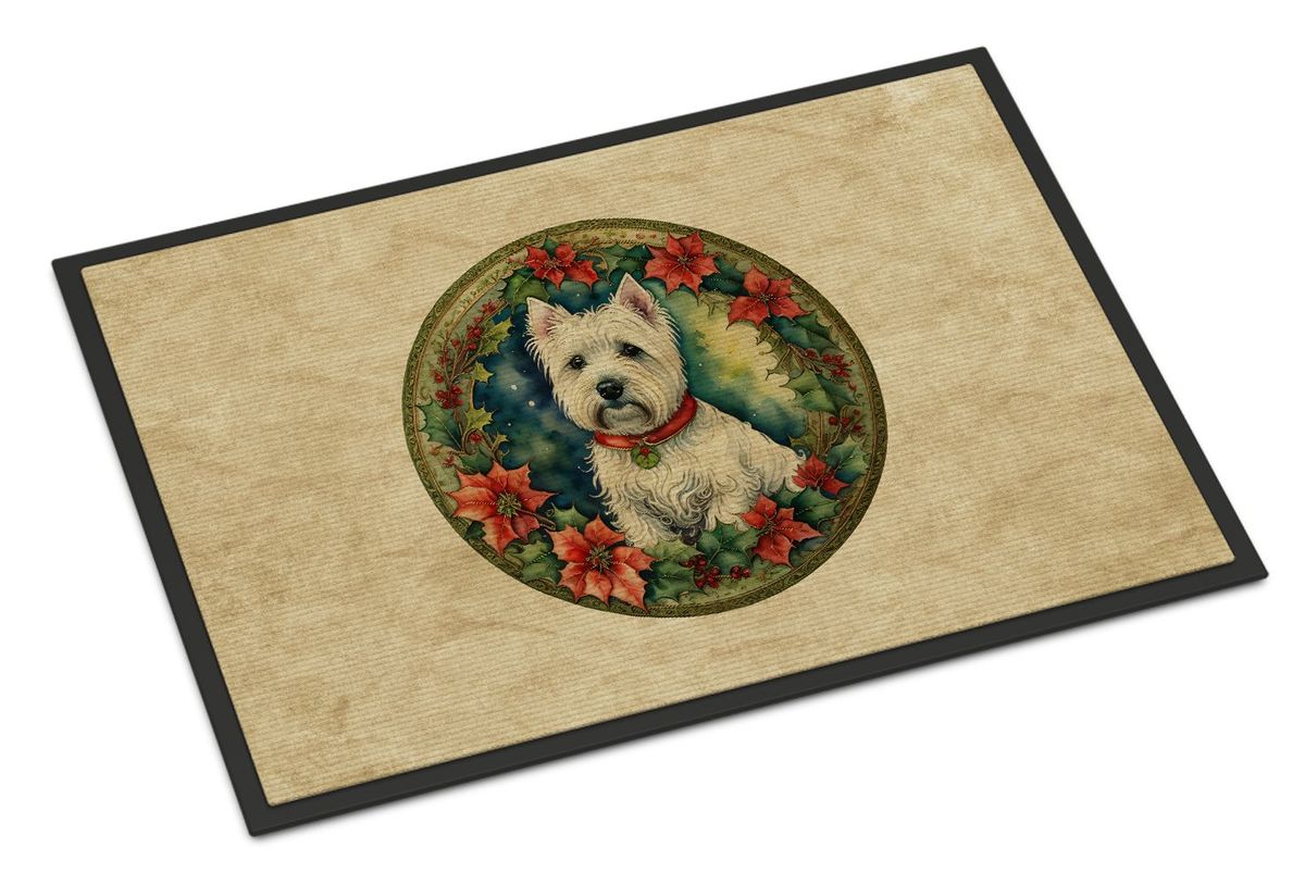 Westie Christmas Flowers Doormat Front Door Mat Indoor Outdoor Rugs For Entryway, Non Slip Washable Low Pile, 24H X 36W_maomaolike.com