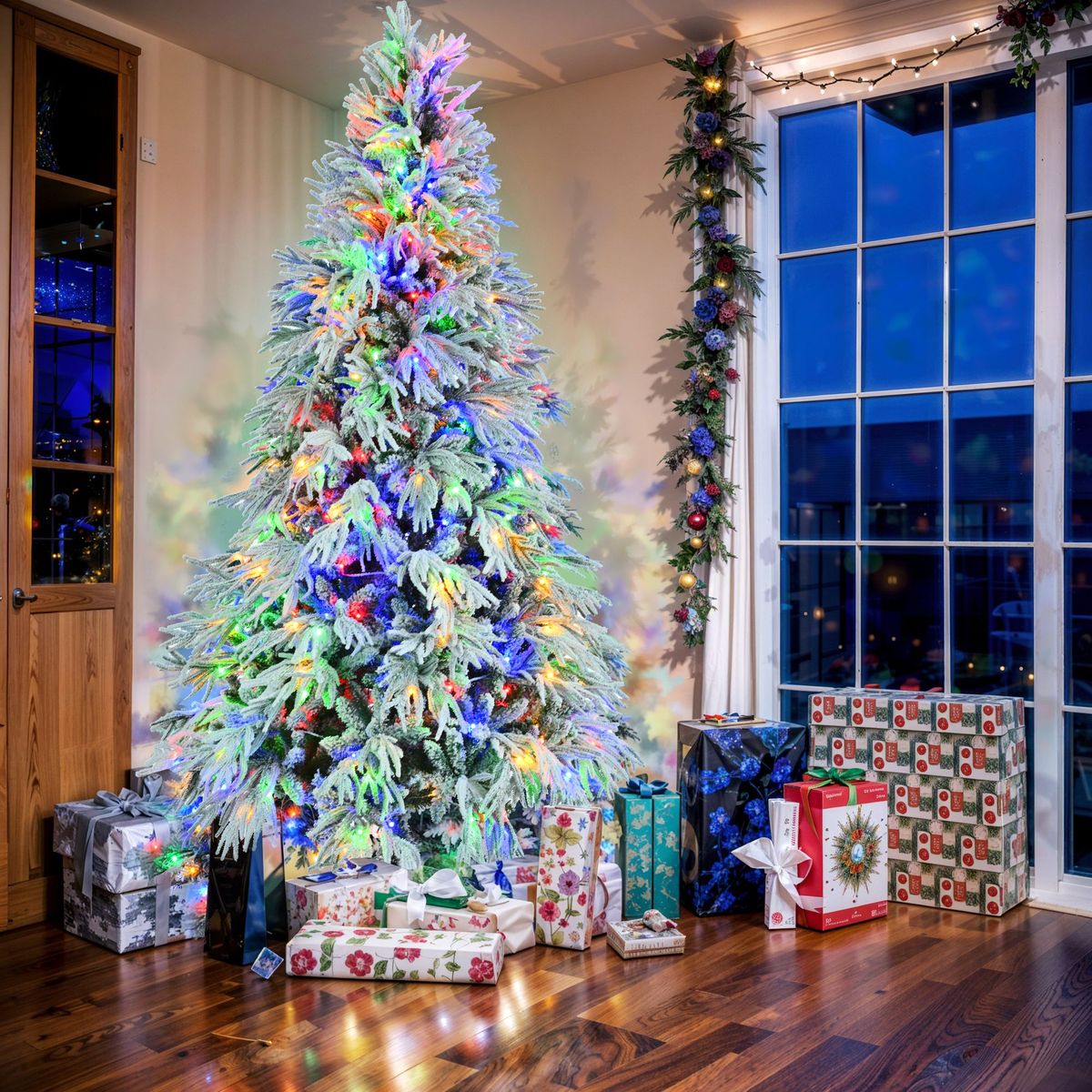 7.5FT Pre-Lit Spruce Snow Flocked Christmas Tree, Artificial Hinged Xmas Tree With 350 Multi-Color LED Lights, 8 Flashing Modes &1389 Snow Branch Tips, Holiday Office Home Décor_maomaolike.com