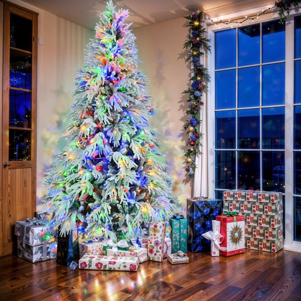 7.5FT Pre-Lit Spruce Snow Flocked Christmas Tree, Artificial Hinged Xmas Tree With 350 Multi-Color LED Lights, 8 Flashing Modes &1389 Snow Branch Tips, Holiday Office Home Décor_maomaolike.com