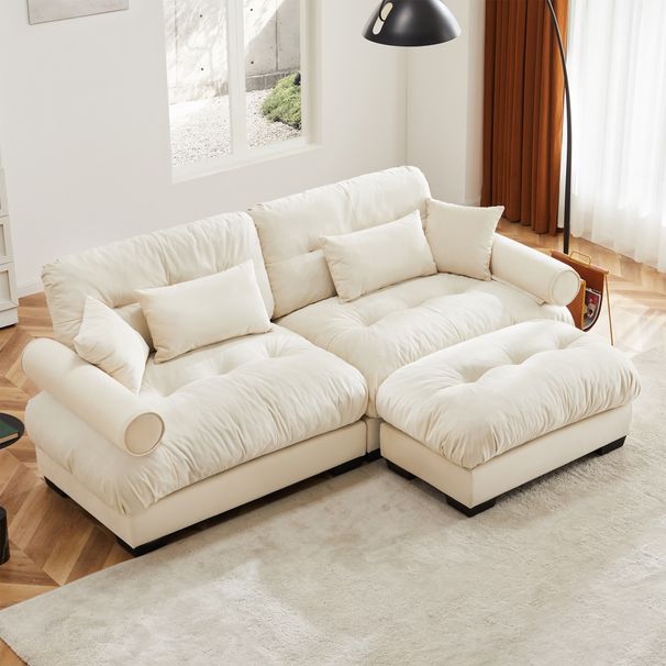 Over Size Modern Two-seater Sofa With Ottoman, Velvet 2-Seater With Round Bolster Armrests,With Waist Pillow And Throw Pillows,Small L Shape Sofa For Living Room, Reading Room , Loft And Bedroom,Cream_maomaolike.com