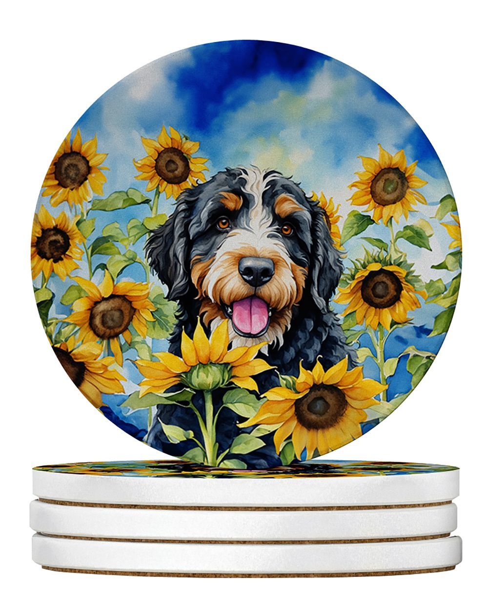 Bernedoodle In Sunflowers Large Sandstone Coasters Pack Of 4 Absorbent Round Coasters Decor Gifts For Men Or Women, 4 In, Multicolor_maomaolike.com