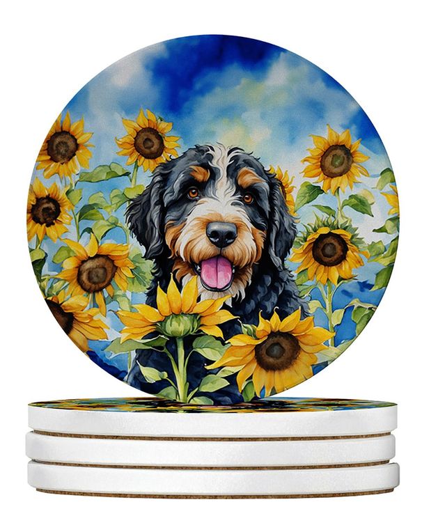 Bernedoodle In Sunflowers Large Sandstone Coasters Pack Of 4 Absorbent Round Coasters Decor Gifts For Men Or Women, 4 In, Multicolor_maomaolike.com
