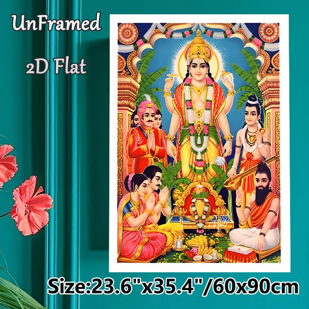 Hindu Vishnu Worship Painting Poster, Vibrant Traditional Religious Ritual Scene Poster, Devotional Decor Piece Suitable For Home Puja Room, Spiritual_maomaolike.com