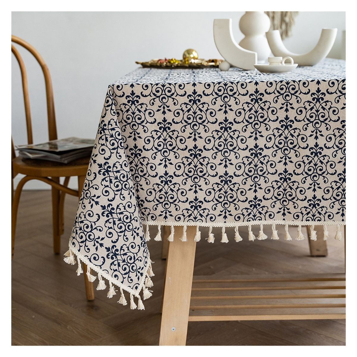 Retro Printed Blue Tablecloth Rectangular With Tassel Cloths Dining Cover For Wedding Party Restaurant Table Decoration_maomaolike.com