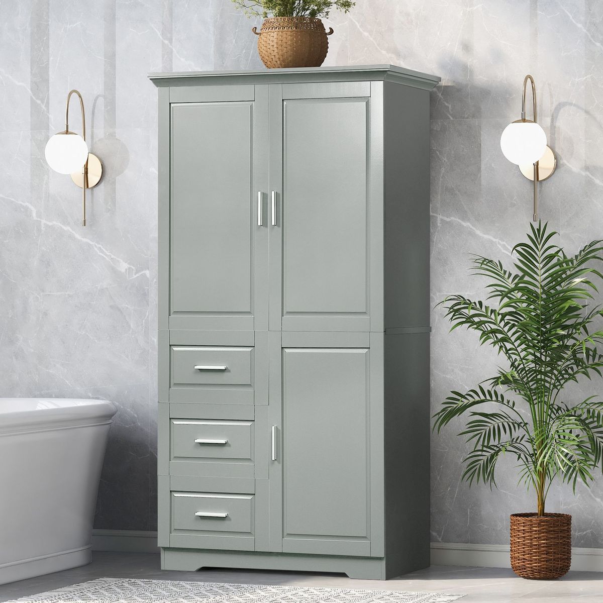 Tall And Wide Storage Cabinet With Doors For Bathroom/Office, Three Drawers_maomaolike.com