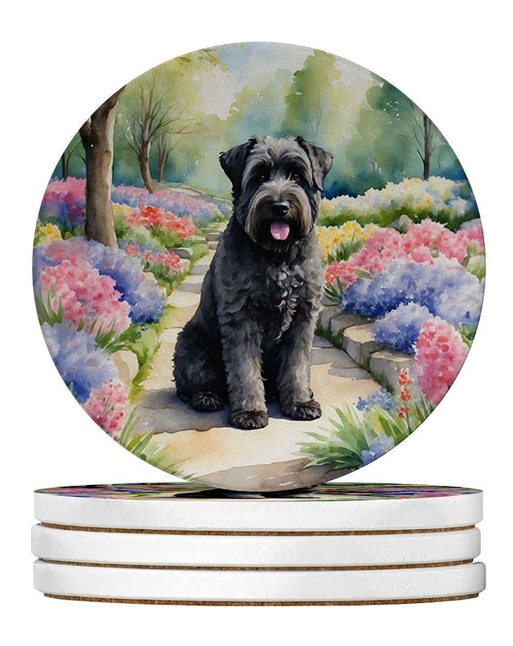 Bouvier Des Flandres Spring Path Large Sandstone Coasters Pack Of 4 Absorbent Round Coasters Decor Gifts For Men Or Women, 4 In, Multicolor_maomaolike.com