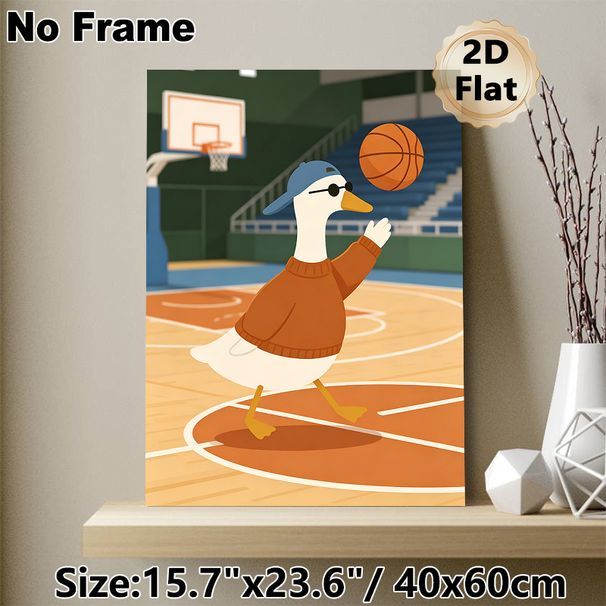 Basketball Duck Painting Poster, Cute Cartoon Style Poster, Vibrant Playful Design With A Cool Duck Playing Basketball On Court, Ideal For Game Room_maomaolike.com