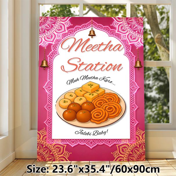 Indian Sweets Meetha Station Painting Poster, Vibrant Traditional Indian Style Poster, Featuring Assorted Festive Desserts With Ornate Mandala Border_maomaolike.com