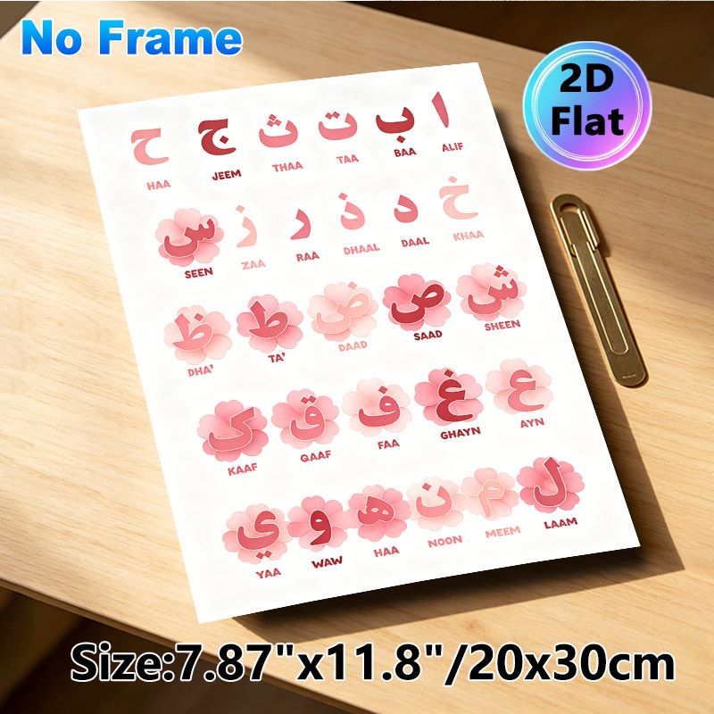 Arabic Alphabet Painting Poster, Soft Pink Floral Decorated Arabic Letter Poster, Clear Letter Display For Arabic Language Learning, Ideal For Study_maomaolike.com