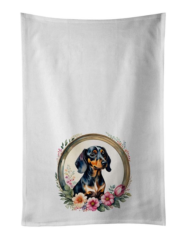 Dachshund And Flowers Kitchen Towel Set Of 2 White Dish Towels Decorative Bathroom Hand Towel For Hand, Face, Hair, Yoga, Tea, Dishcloth, 19 X 28", White_maomaolike.com