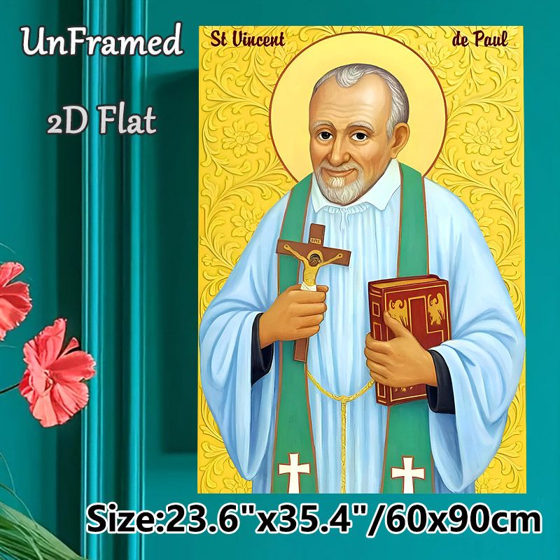 St Vincent De Paul Religious Icon Painting Poster, Vibrant Traditional Religious Portrait Poster, Devotional Wall Decor Featuring Saint Holding Cross_maomaolike.com