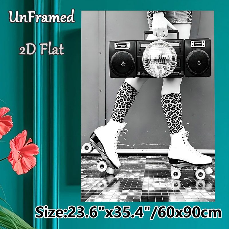Retro Disco & Roller Skate Painting Poster, Monochrome Vintage Scene With Boombox & Disco Ball Poster, Retro Vibe Decor Ideal For Living Room_maomaolike.com