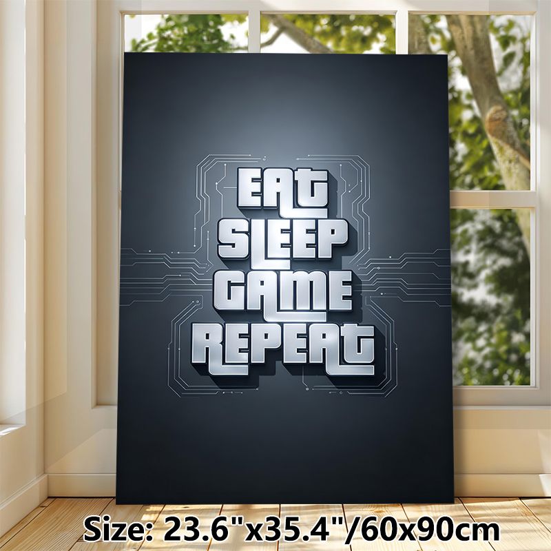 Gaming Themed Painting Poster, Futuristic Tech-style Metallic Text Poster, Sleek "Eat Sleep Game Repeat" Design With Circuit Details, Ideal Decor For_maomaolike.com