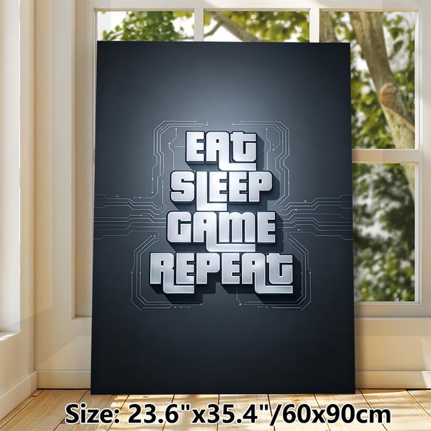 Gaming Themed Painting Poster, Futuristic Tech-style Metallic Text Poster, Sleek "Eat Sleep Game Repeat" Design With Circuit Details, Ideal Decor For_maomaolike.com
