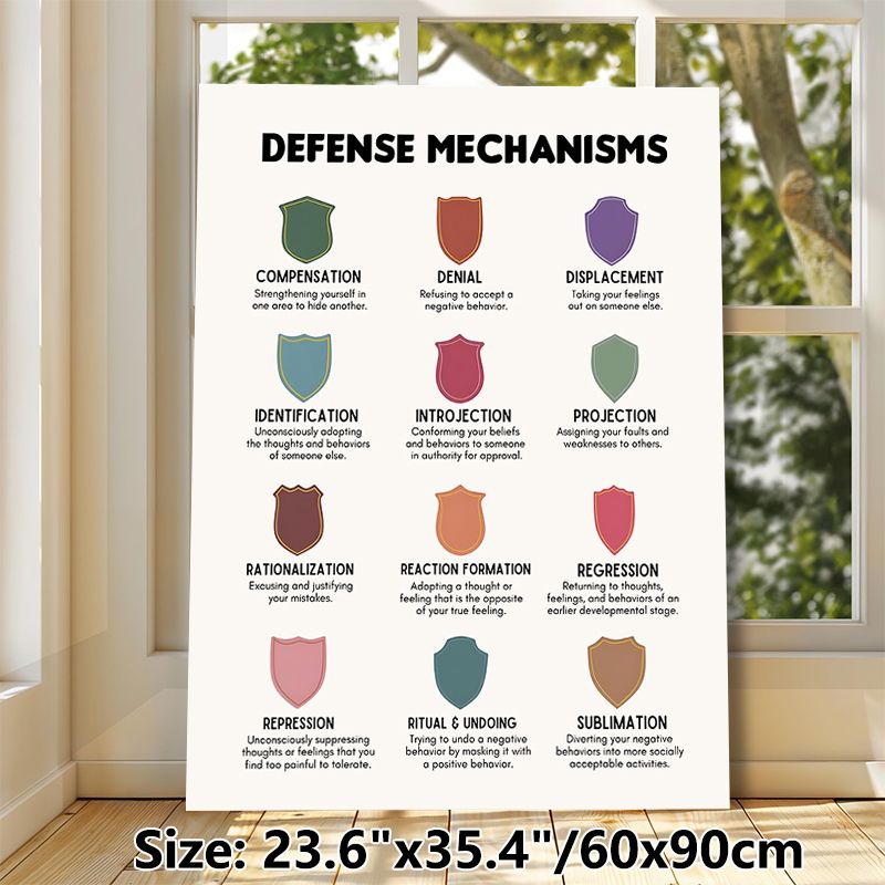 Defense Mechanisms Painting Poster, Minimalist Colorful Shield Graphic Poster, Informative Psychology Learning Reference, Suitable For Office, Therapy_maomaolike.com