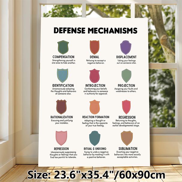 Defense Mechanisms Painting Poster, Minimalist Colorful Shield Graphic Poster, Informative Psychology Learning Reference, Suitable For Office, Therapy_maomaolike.com