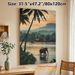 Sri Lanka Tropical River Landscape Painting Poster, Warm-toned Serene Scenery Poster, Features Elephant Wading In River, Palm Trees & Riverside Huts_maomaolike.com