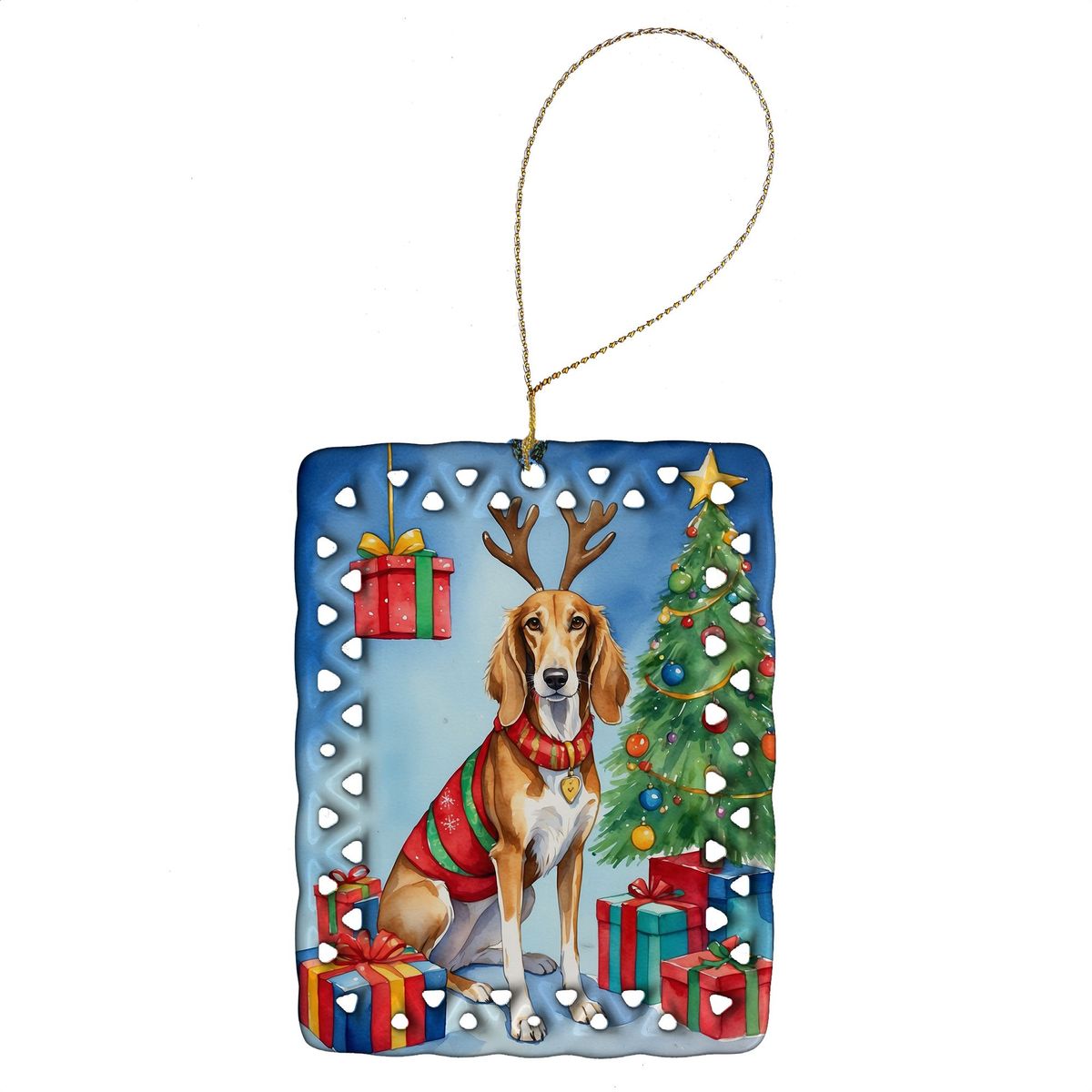Saluki Christmas Reindeer Porcelain Ornament Christmas Tree Hanging Decorations For Home Christmas Holiday, Rectangle, Gift, Multicolor_maomaolike.com