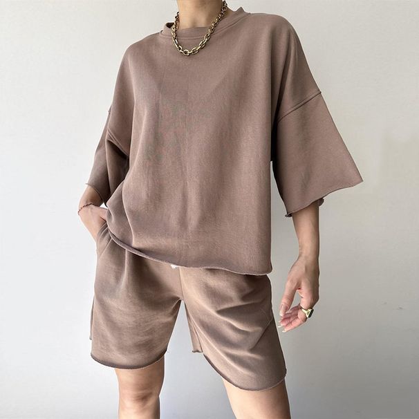 Women's casual suits for women half-sleeved round neck loose short-sleeved drawstring shorts two-piece suit_maomaolike.com