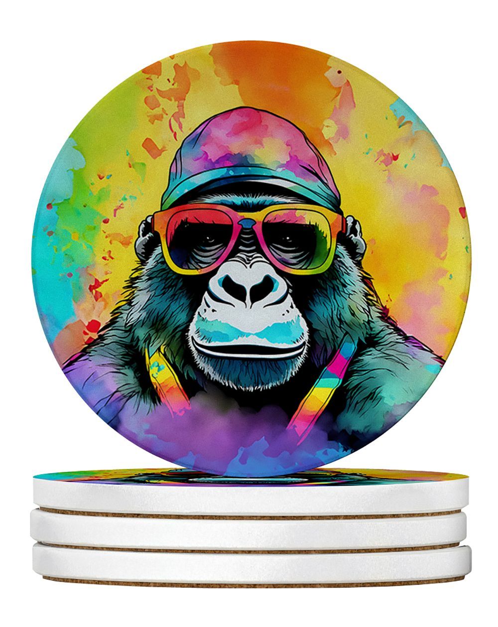 Hippie Animal Gorilla Large Sandstone Coasters Pack Of 4 Absorbent Round Coasters Decor Gifts For Men Or Women, 4 In, Multicolor_maomaolike.com