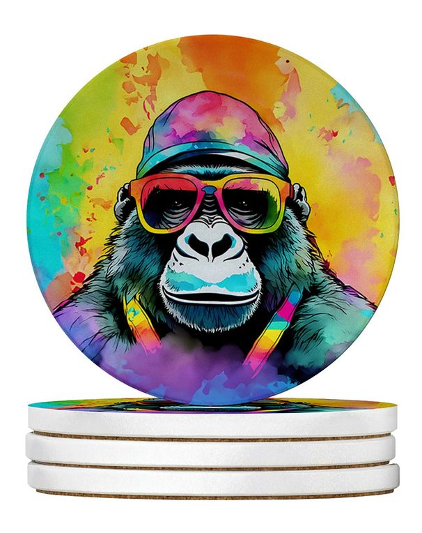 Hippie Animal Gorilla Large Sandstone Coasters Pack Of 4 Absorbent Round Coasters Decor Gifts For Men Or Women, 4 In, Multicolor_maomaolike.com