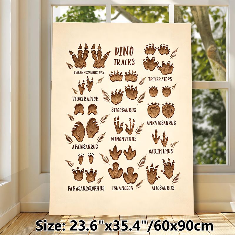 Dinosaur Tracks Painting Poster, Vintage Earth-toned Illustrated Diverse Dinosaur Footprints Poster, Educational Dinosaur-themed Decor Idea For Living_maomaolike.com