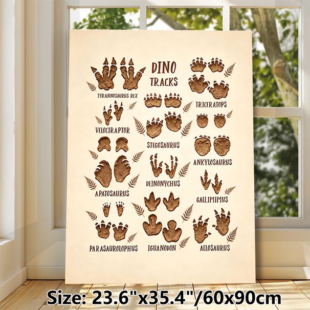 Dinosaur Tracks Painting Poster, Vintage Earth-toned Illustrated Diverse Dinosaur Footprints Poster, Educational Dinosaur-themed Decor Idea For Living_maomaolike.com
