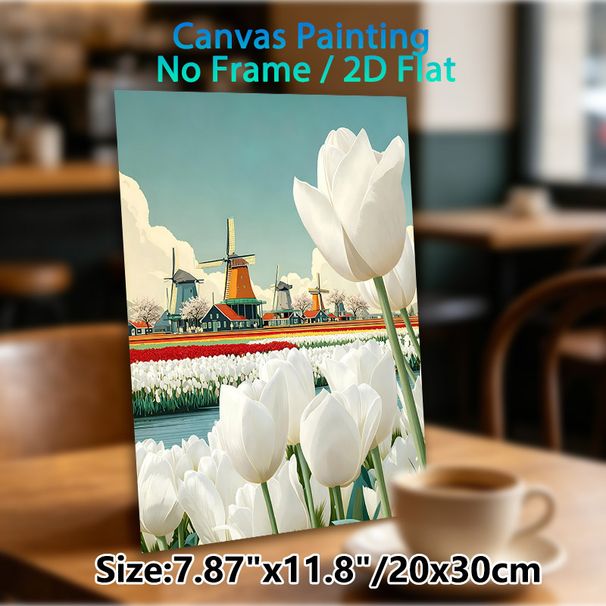 Dutch Windmill & Tulip Themed Painting Poster, Vibrant Stylized Pastoral Scene Poster, Serene Countryside View With Blooming Tulip Fields, Ideal For_maomaolike.com