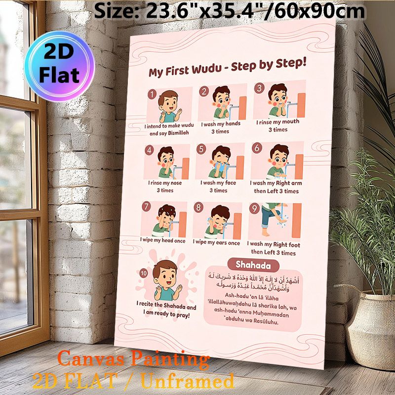 Wudu Step-by-Step Guide Painting Poster, Cute Cartoon Illustrated Islamic Ritual Steps Poster, Clear Step-by-step Guidance For Religious Preparation_maomaolike.com