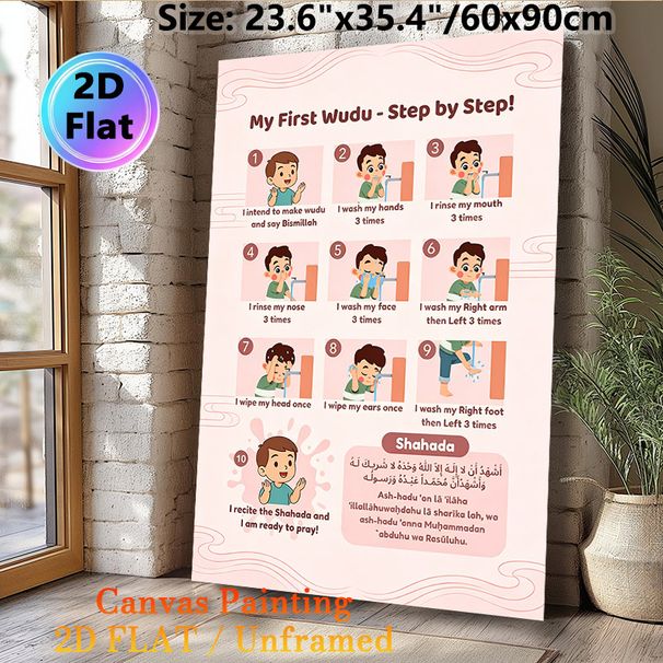 Wudu Step-by-Step Guide Painting Poster, Cute Cartoon Illustrated Islamic Ritual Steps Poster, Clear Step-by-step Guidance For Religious Preparation_maomaolike.com
