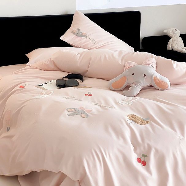 Cute Cartoon Towel Embroidery 100s Long-staple Four-piece Pure Cotton Thickened Quilt Cover Children's Bedding Set_maomaolike.com