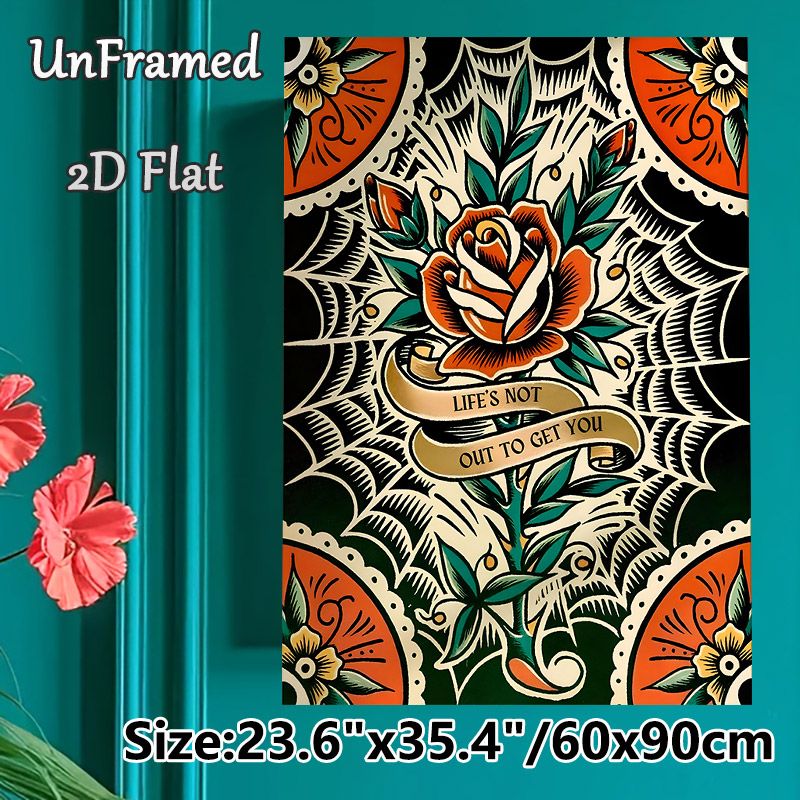 Vintage Rose Painting Poster, Vibrant Traditional Tattoo-style Floral Poster, Inspirational Quote Design Ideal For Living Room, Bedroom Wall Decor_maomaolike.com