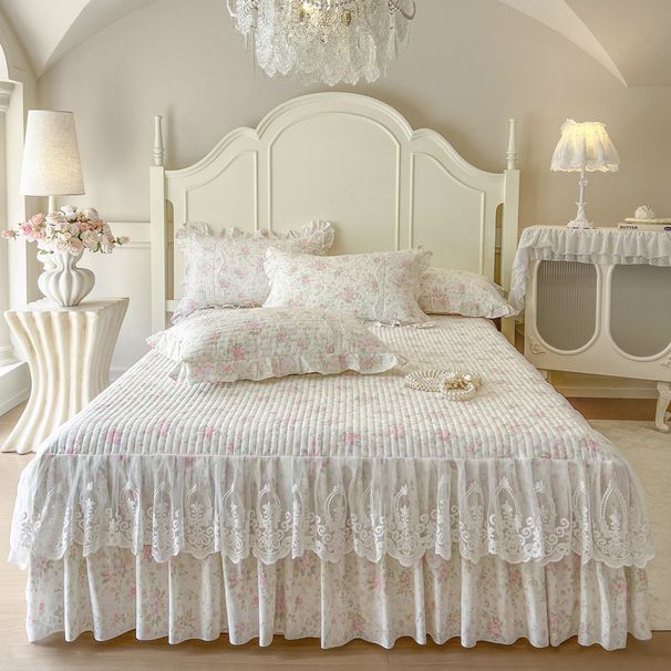 Princess Style Floral Cotton Lace Quilted Single Sheet With Edge All-Season Bed Skirt Cover_maomaolike.com